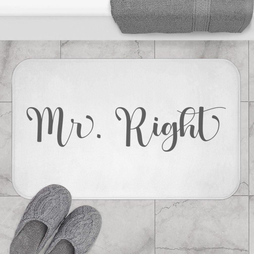 "Mr. Right" White with Dark Gray Lettering Modern Minimalist Bath Mat | lovevisionkarma.com