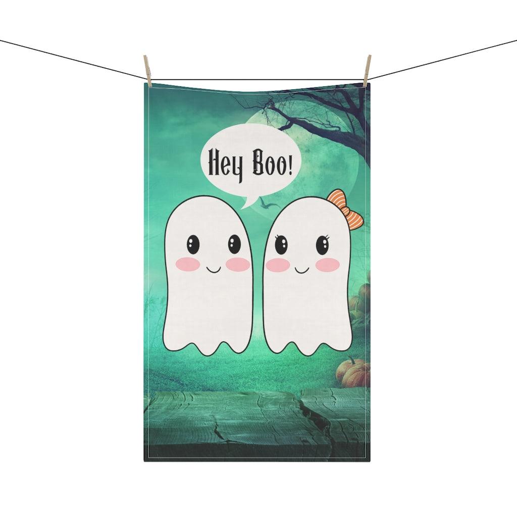 Cute Ghost Couple, Hey Boo, Kawaii Halloween Kitchen Tea Towel | lovevisionkarma.com
