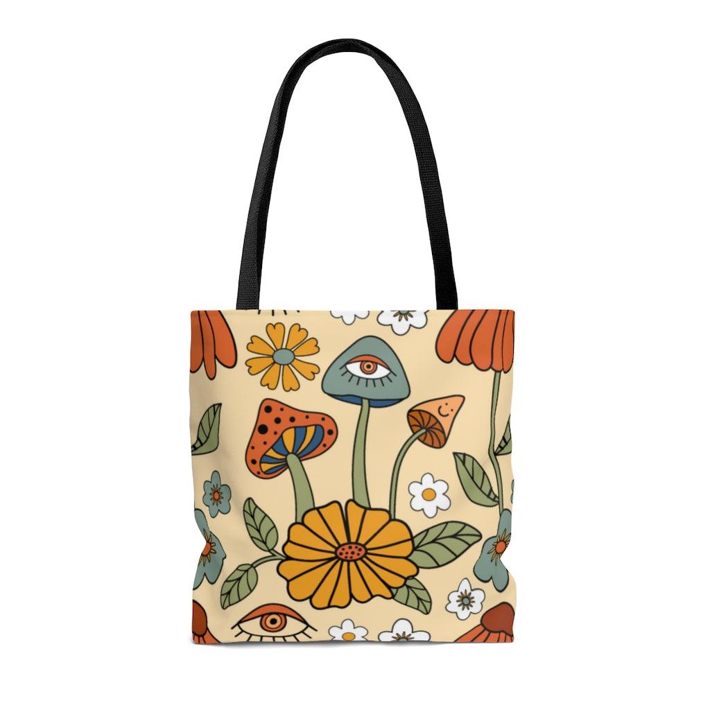 Retro Trippy Mushroom Hippie Flower Tote Bag | lovevisionkarma.com