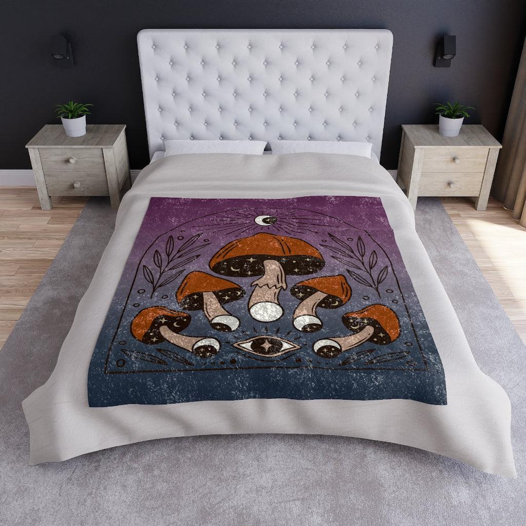 Boho Mushrooms & Moon Phases Celestial Witchcore Purple & Blue Crushed Velvet Blanket | lovevisionkarma.com