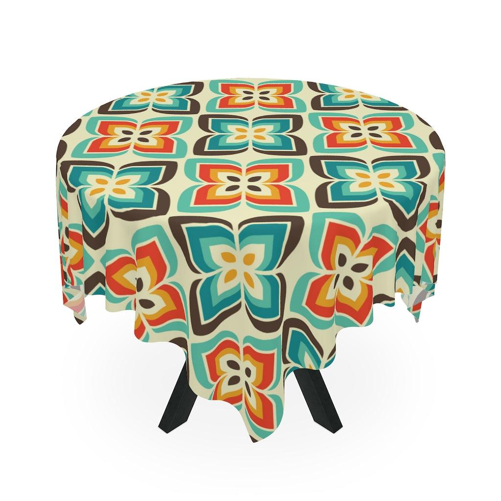 Retro Geo Flowers Blue & Orange Mid Century Mod Tablecloth | lovevisionkarma.com