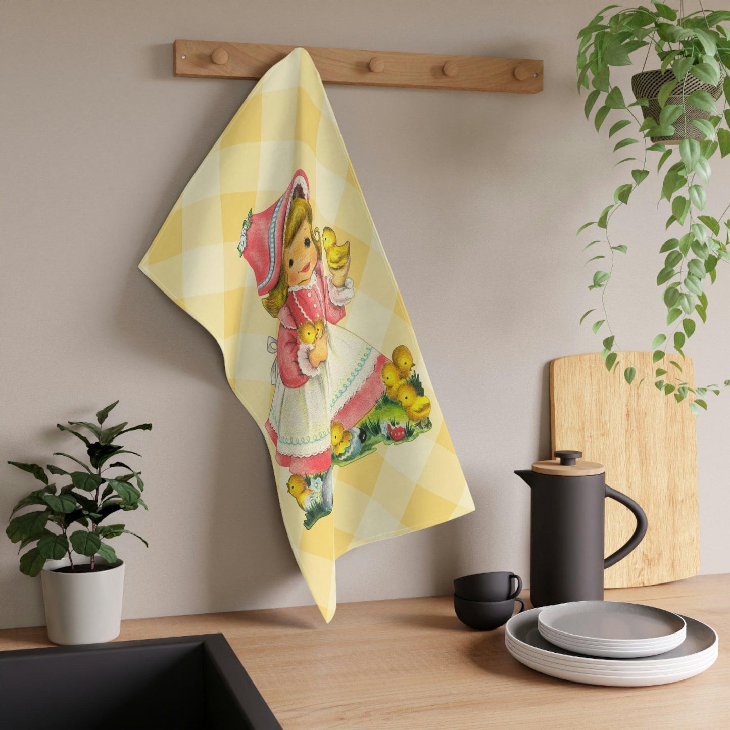 Vintage Easter Retro Girl With Baby Chicks MCM Yellow Kitchen Tea Towel | lovevisionkarma.com