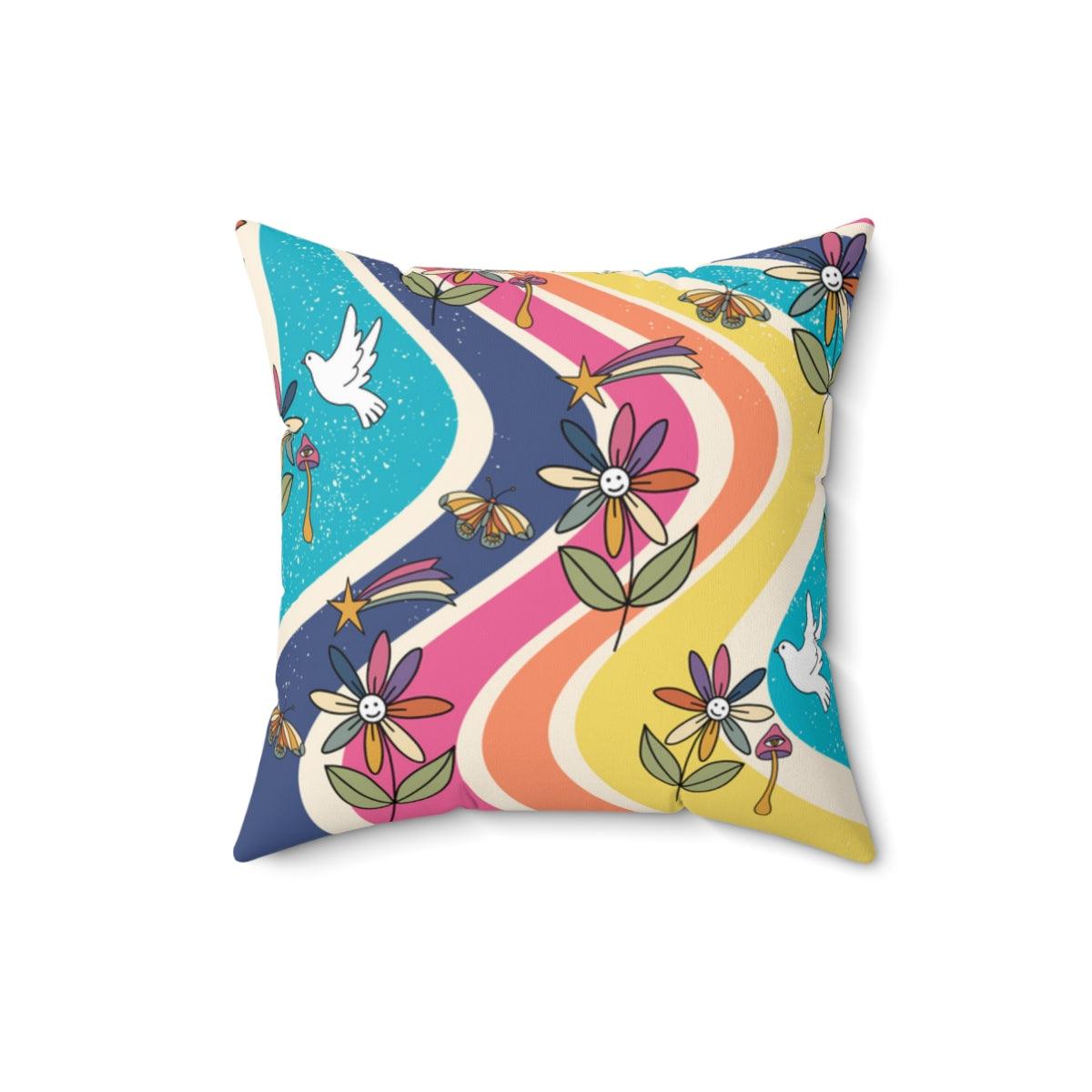 Groovy Hippie Flowers and Boho Mushrooms Multicolor Pillow | lovevisionkarma.com