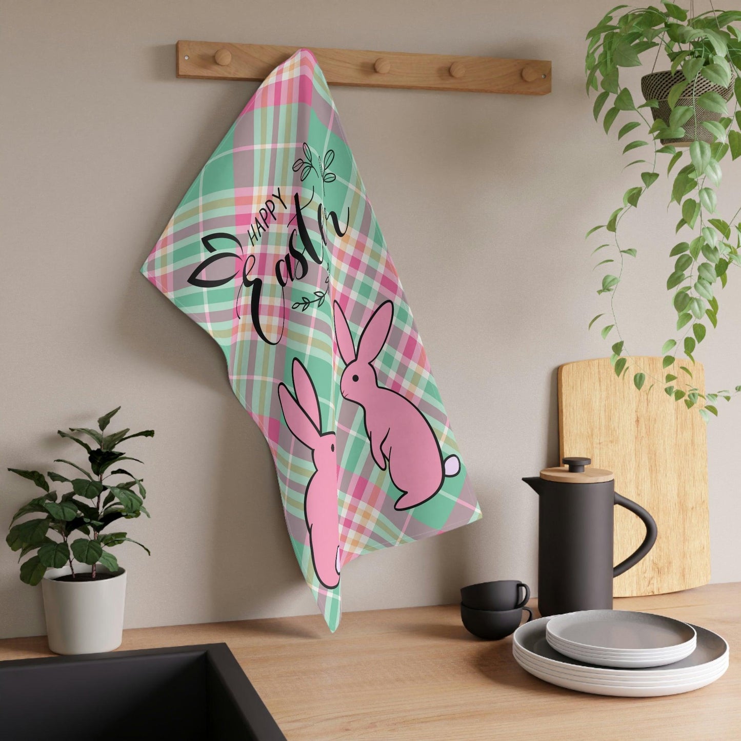 Happy Easter Pink Bunnies & Pastel Plaid Kitchen Tea Towel | lovevisionkarma.com