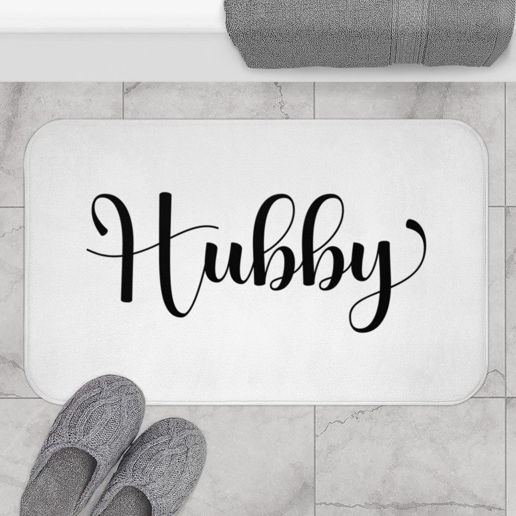 "Hubby" White Modern Minimalist Bath Mat | lovevisionkarma.com