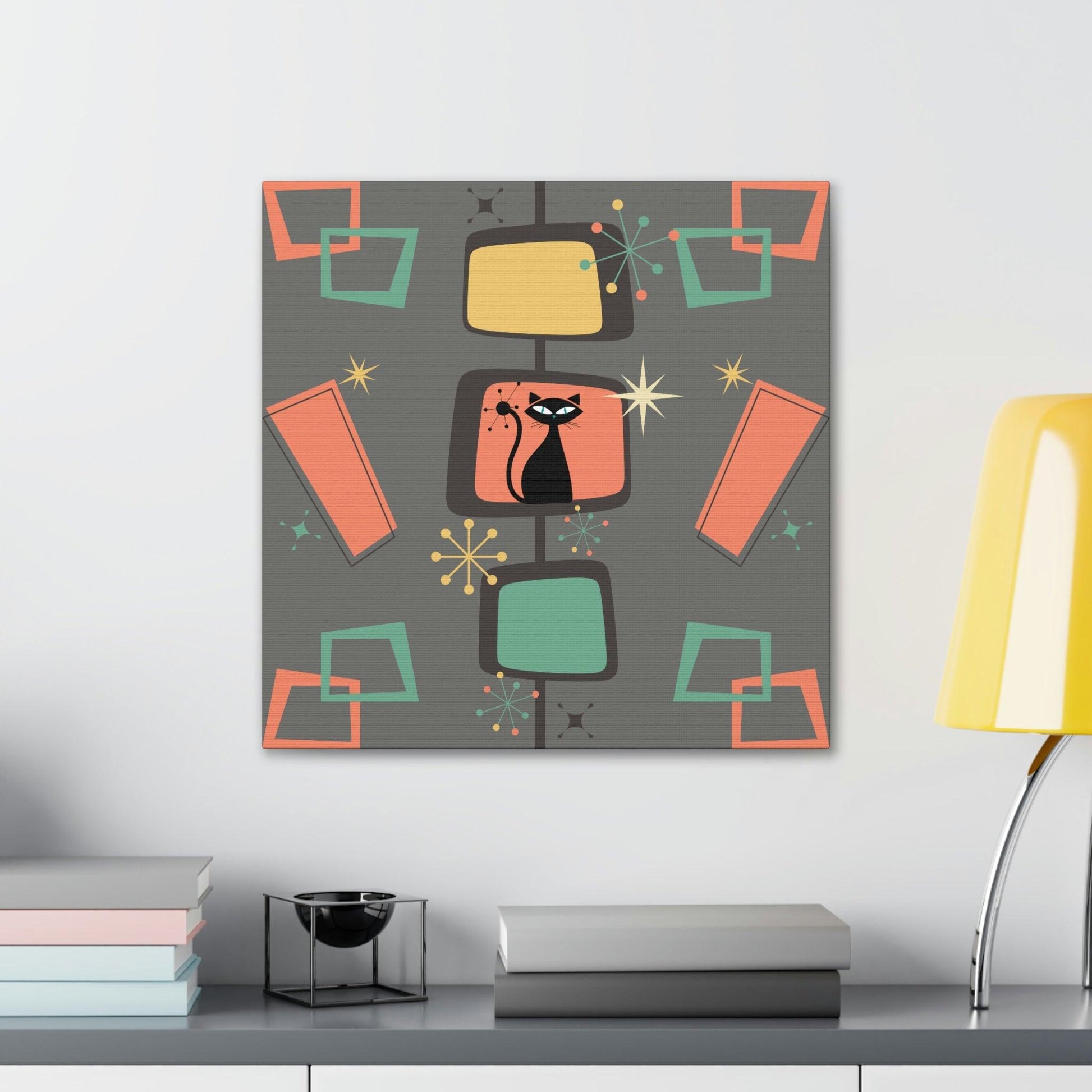 Retro Atomic Cat Mid Century Burst Chic Coral & Gray Canvas Gallery Wrap | lovevisionkarma.com