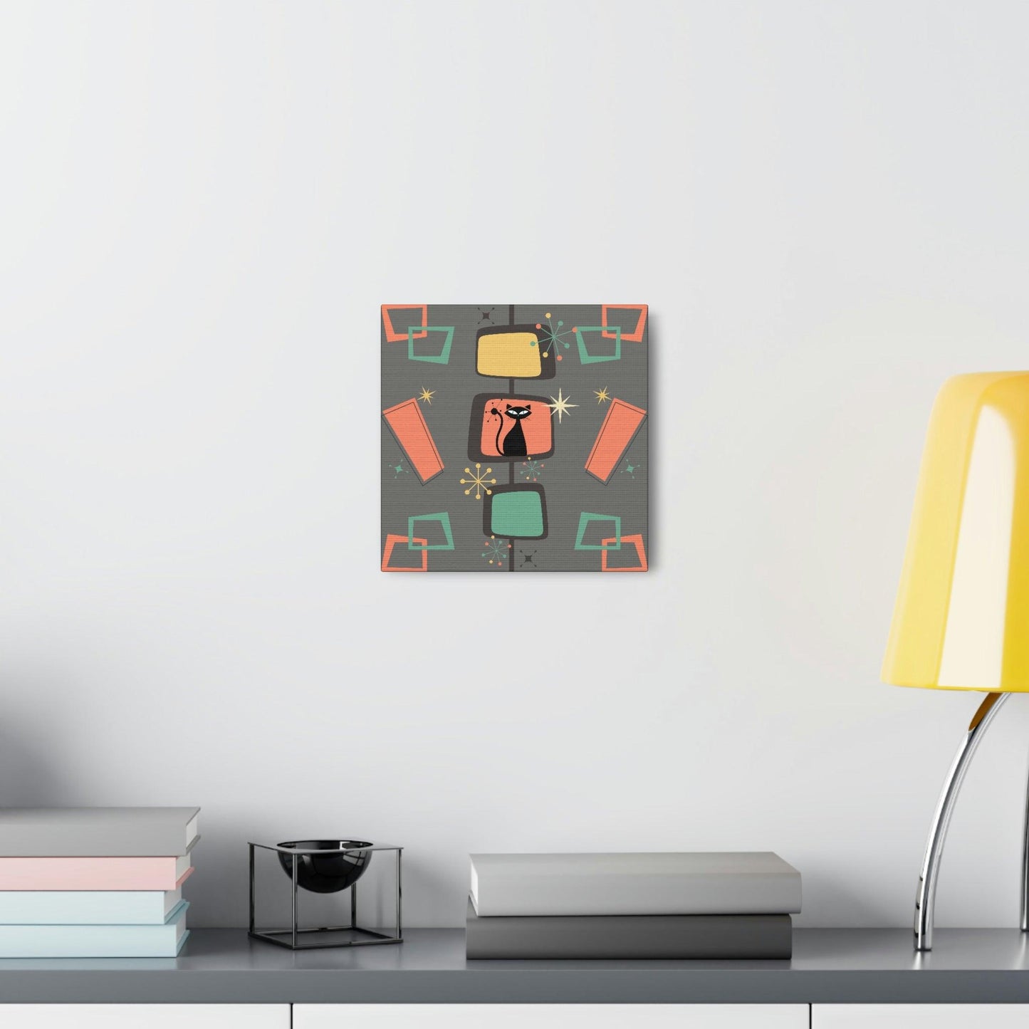 Retro Atomic Cat Mid Century Burst Chic Coral & Gray Canvas Gallery Wrap | lovevisionkarma.com