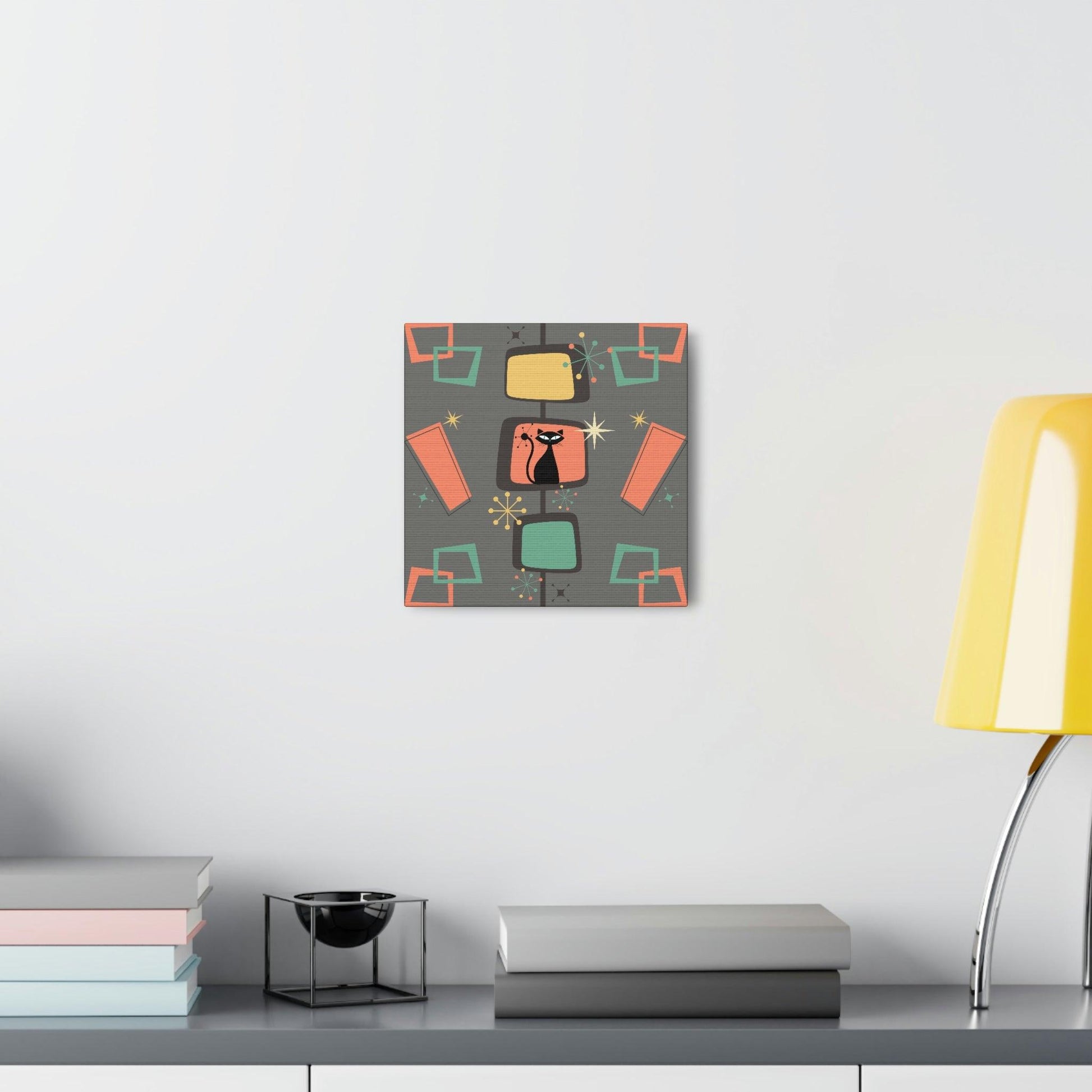 Retro Atomic Cat Mid Century Burst Chic Coral & Gray Canvas Gallery Wrap | lovevisionkarma.com