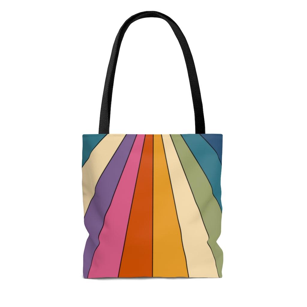 Retro Rainbow Burst Hippie MCM Tote Bag | lovevisionkarma.com