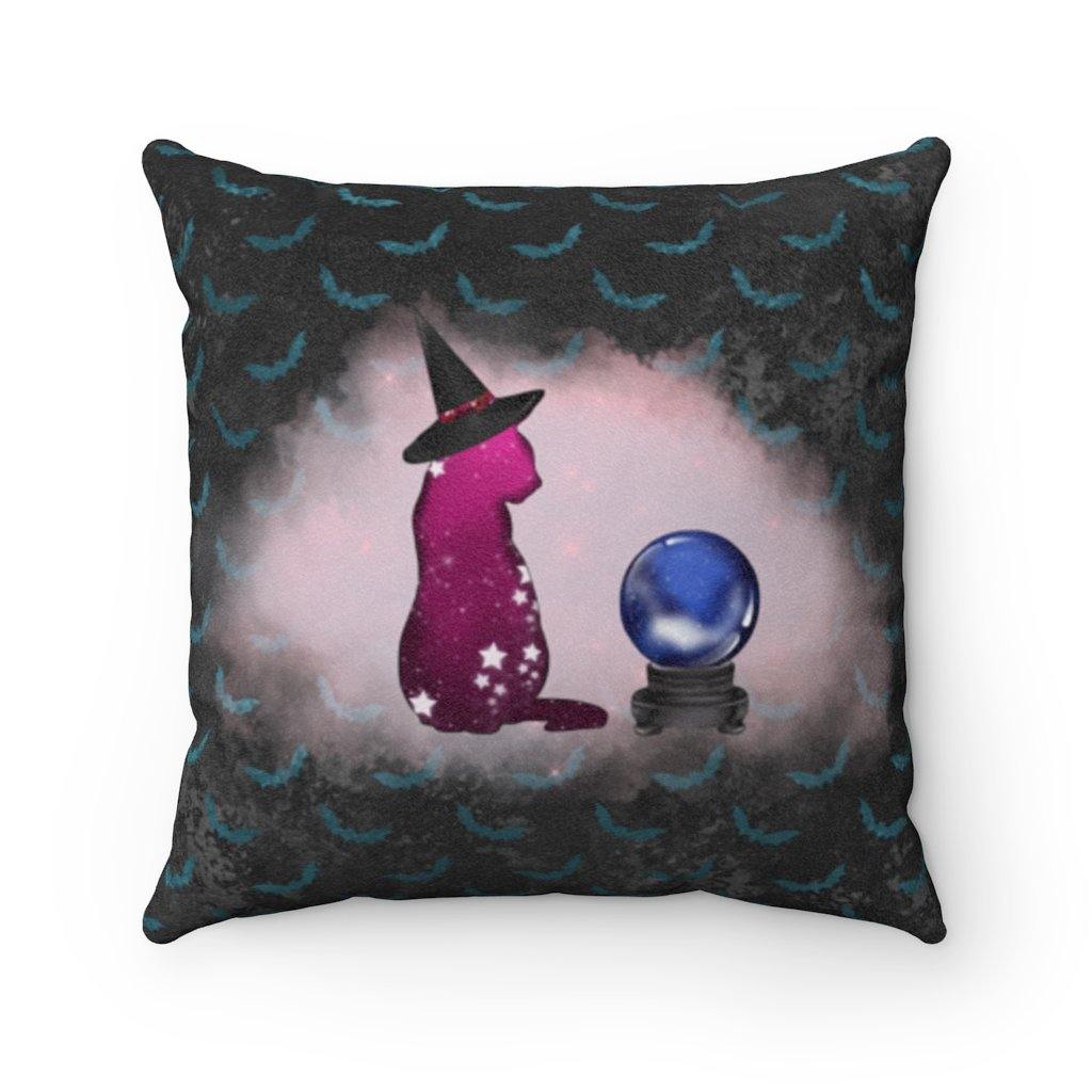 Cosmic Witch Cat & Crystal Ball in Mist Halloween Pillow Goth Glam | lovevisionkarma.com