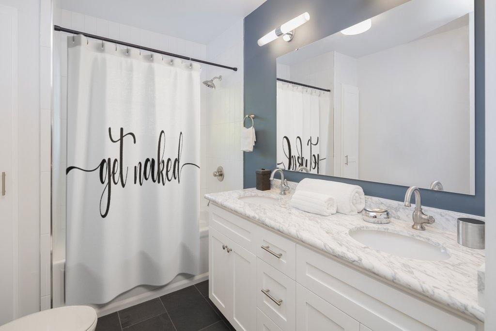 "Get Naked" White Modern Minimalist Shower Curtain | lovevisionkarma.com