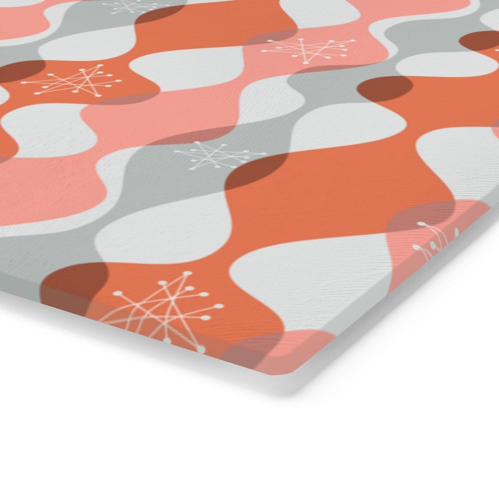 Mid Century Mod Atomic Bursts & Waves Pink Glass Cutting Board | lovevisionkarma.com