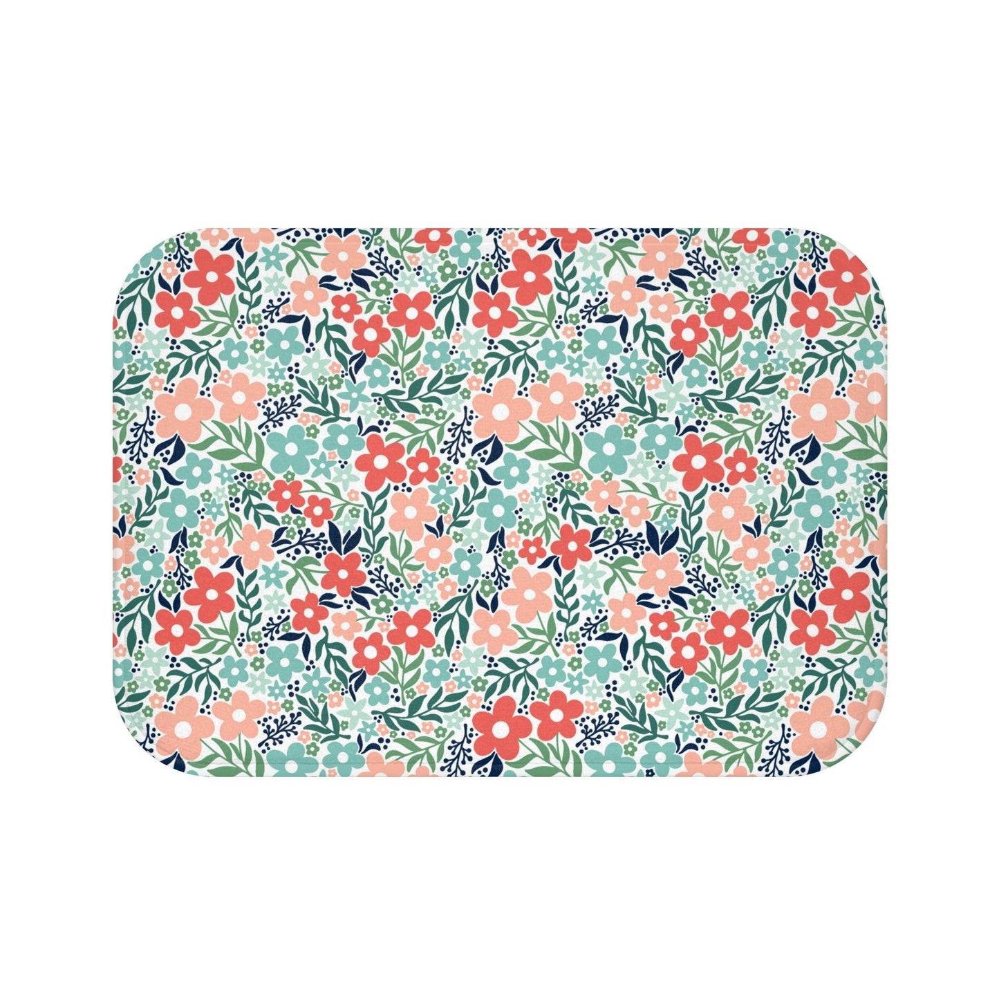 Retro Vintage Inspired Floral Minimalist Cottagecore Coral & Teal Bath Mat | lovevisionkarma.com