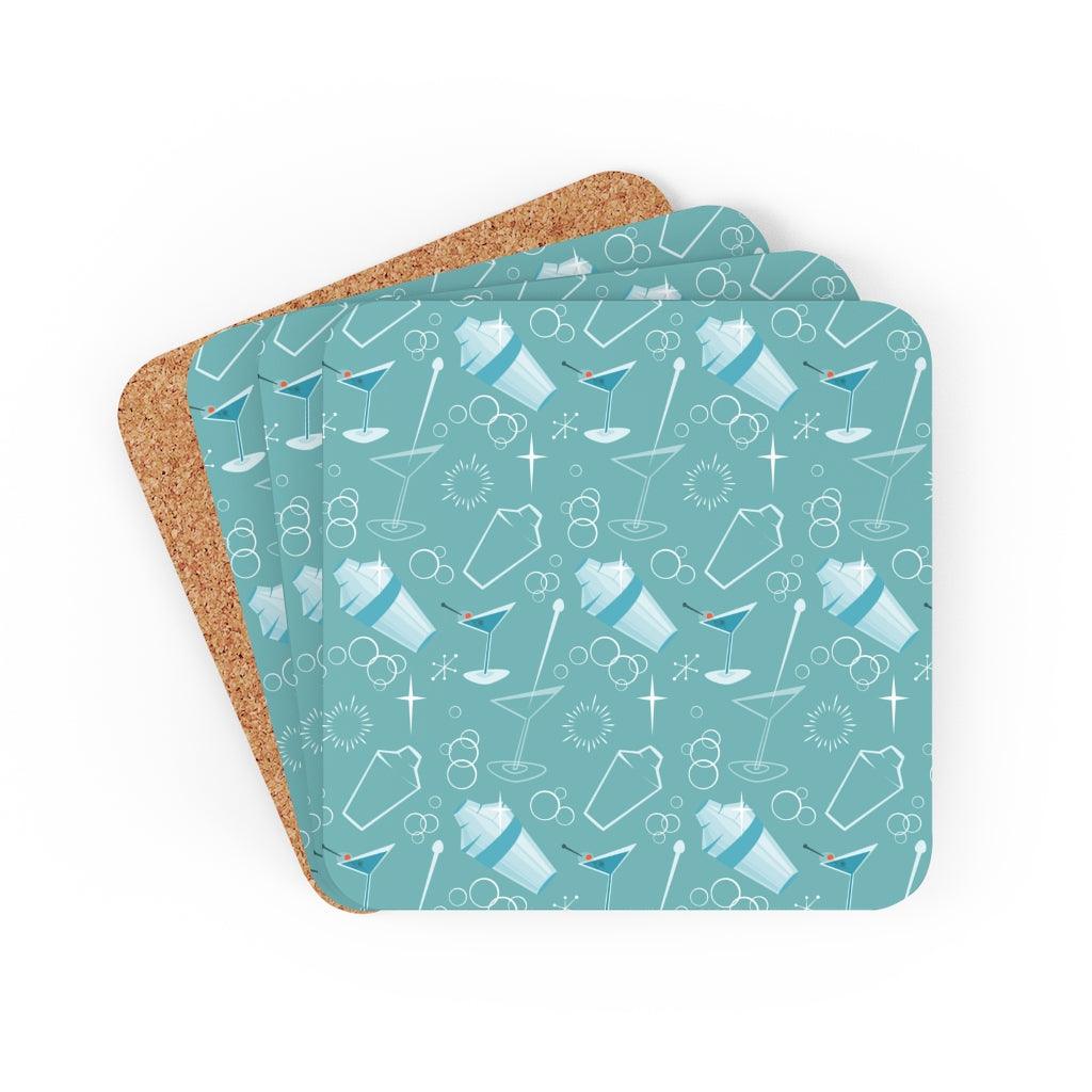 Retro Martini & Mixers Blue Mid Century Modern Coaster Set | lovevisionkarma.com
