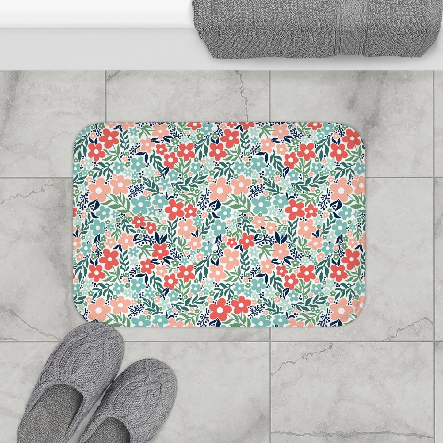 Retro Vintage Inspired Floral Minimalist Cottagecore Coral & Teal Bath Mat | lovevisionkarma.com