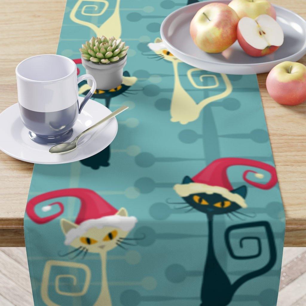 Christmas Atomic Cat Mid Century Modern Table Runner Blue Retro Table Linens | lovevisionkarma.com