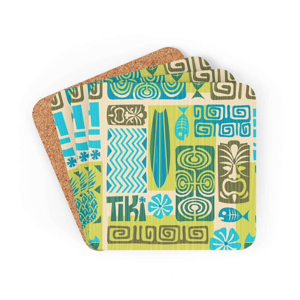 Retro 1960's Tiki Style MCM Green, Blue & Brown Coaster Set | lovevisionkarma.com