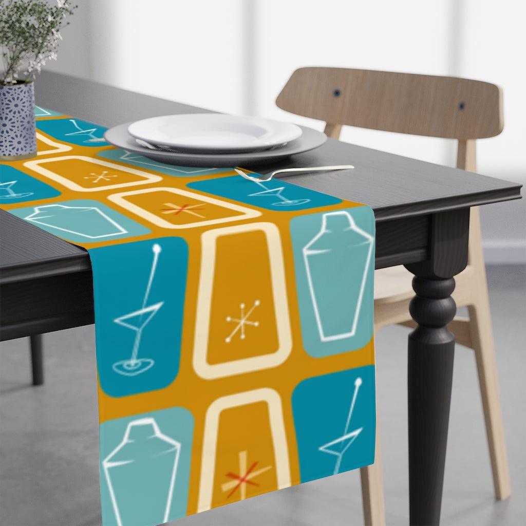 Atomic Mid Century Table Runner, Martinis & Shakers, Blue & Yellow Retro Table Linens | lovevisionkarma.com