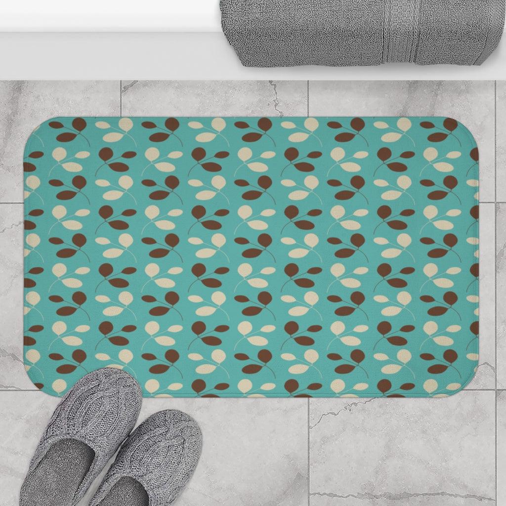 Retro 1950's Mid Century Leaves on Blue Bath Mat | lovevisionkarma.com