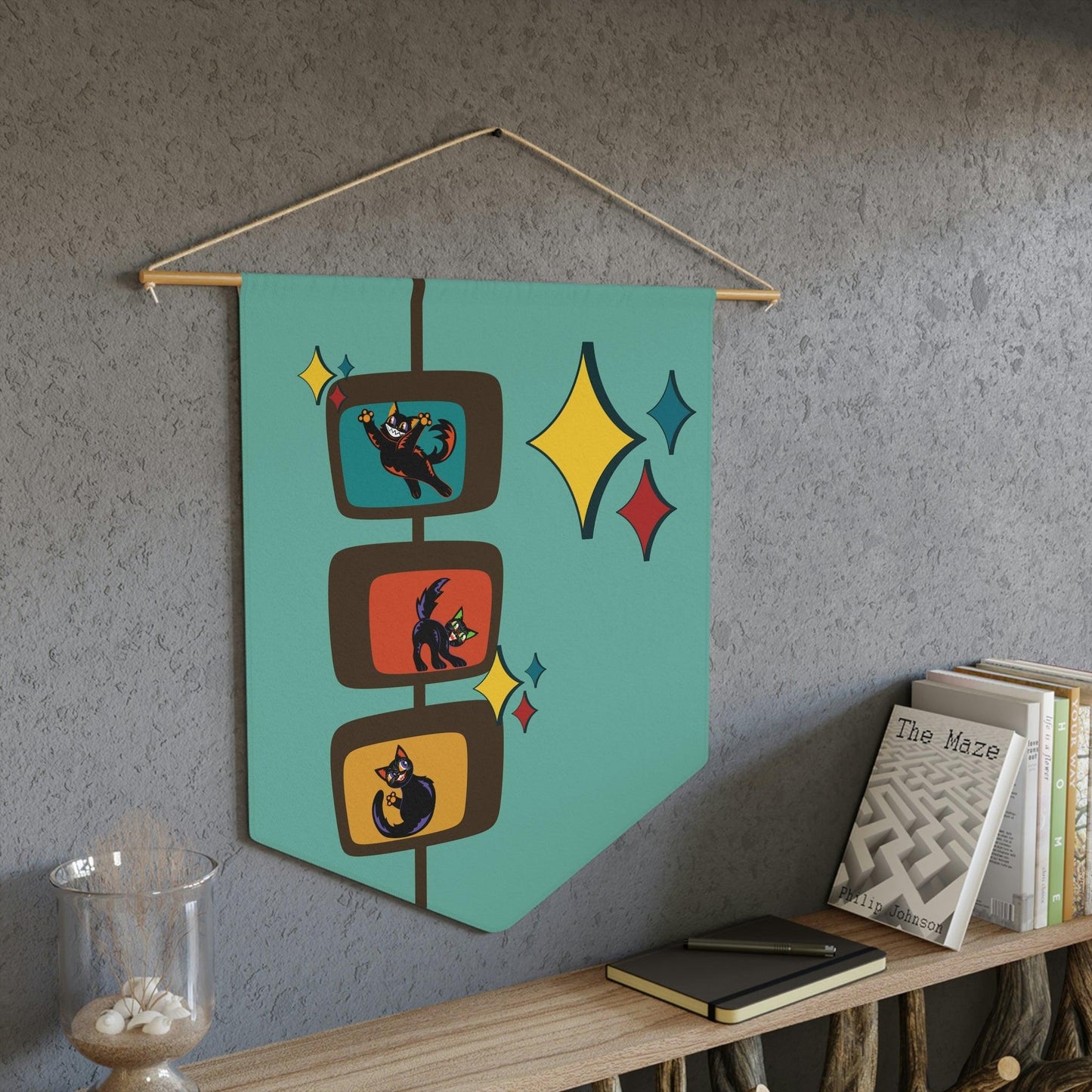Retro Kitschy Cats Atomic Burst MCM Blue Wall Pennant | lovevisionkarma.com