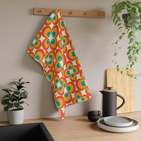 Retro 60s 70s Mid Century Mod Orange, Mustard & Teal Geo Kitchen Tea Towel | lovevisionkarma.com