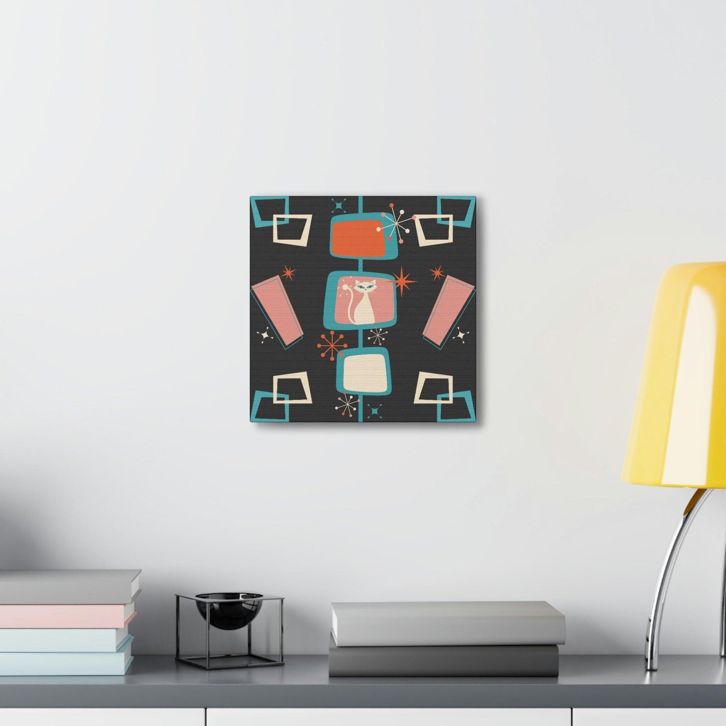 Mid Century Atomic White Cat & Starburst Multicolor Canvas Gallery Wrap | lovevisionkarma.com