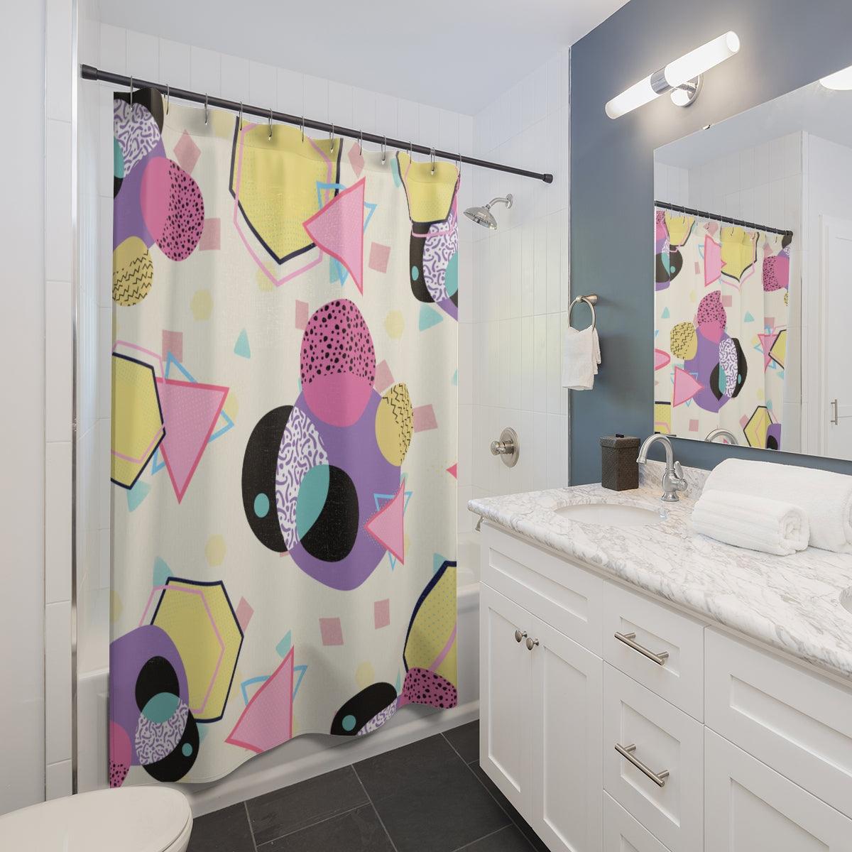Retro 90's Aesthetic Geometric Throwback Multicolor Shower Curtain | lovevisionkarma.com