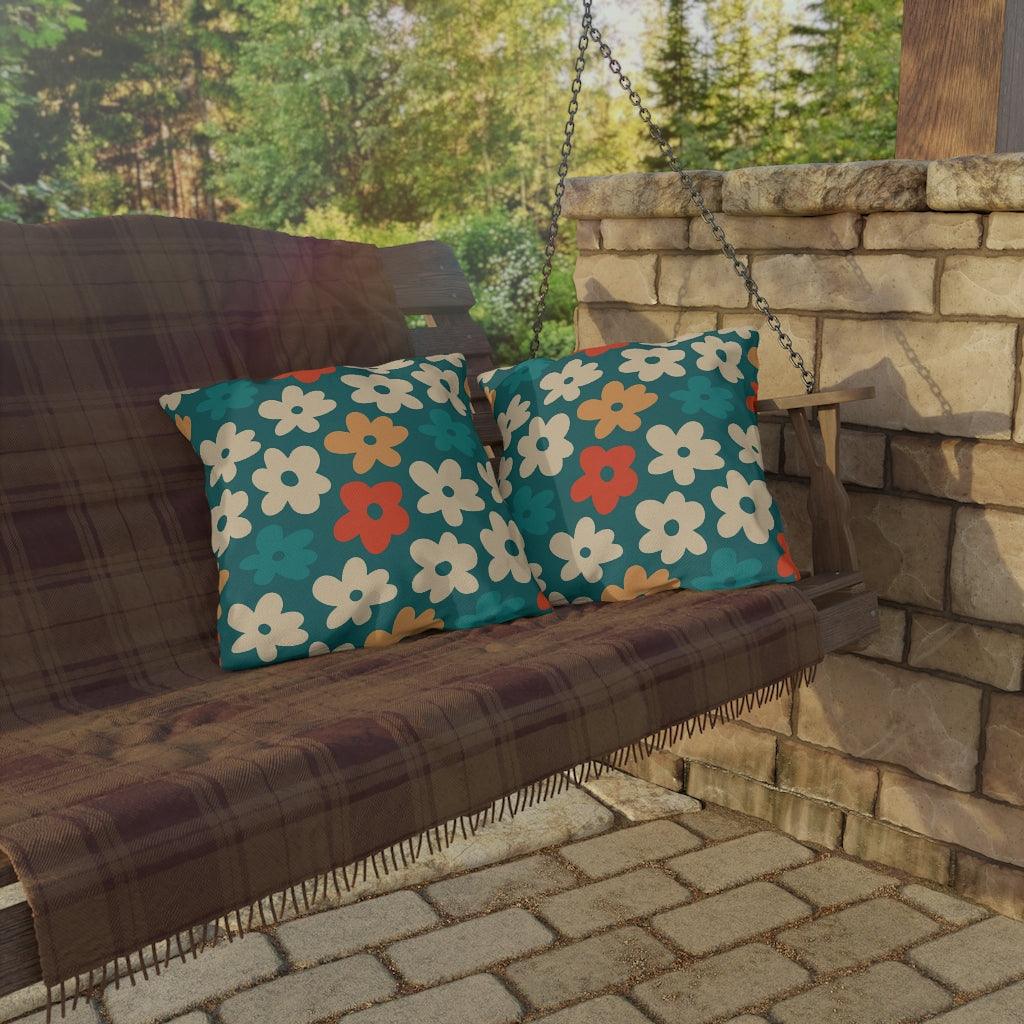 Boho Flowers Orange, Cream and Teal MCM Outdoor Pillow | lovevisionkarma.com