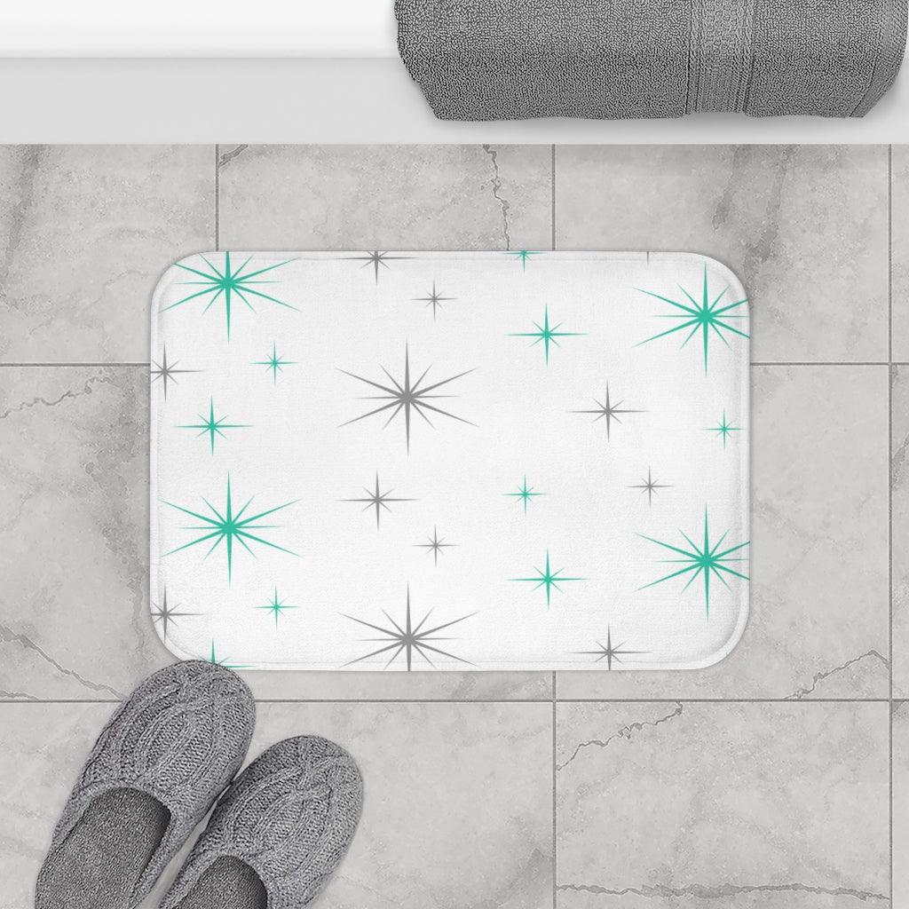 Starbursts 50s, 60s Mid Century Modern Teal & Grey Bath Mat | lovevisionkarma.com