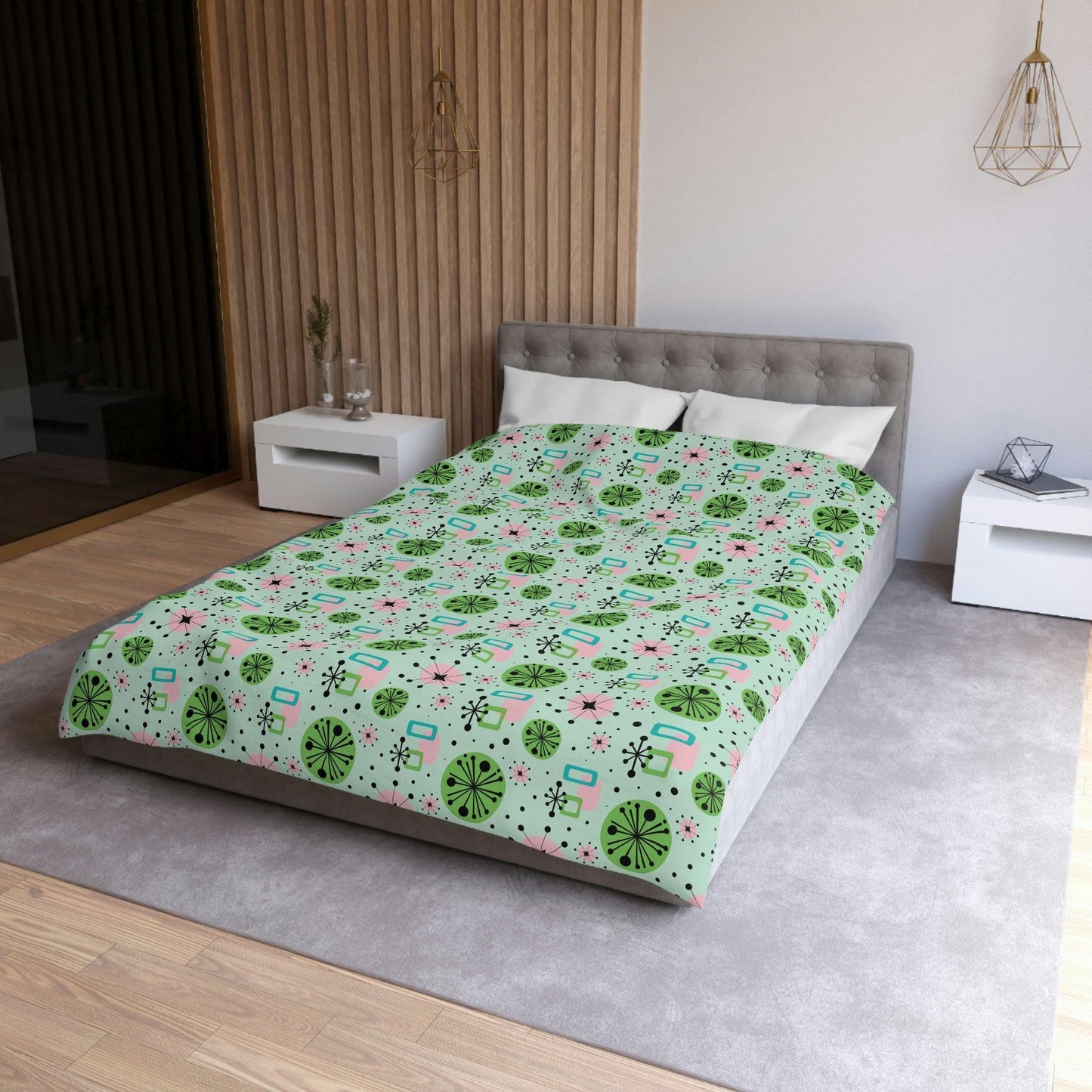 Retro 50s Atomic Burst Mid Century Mod Green, Pink & Blue Duvet Cover | lovevisionkarma.com