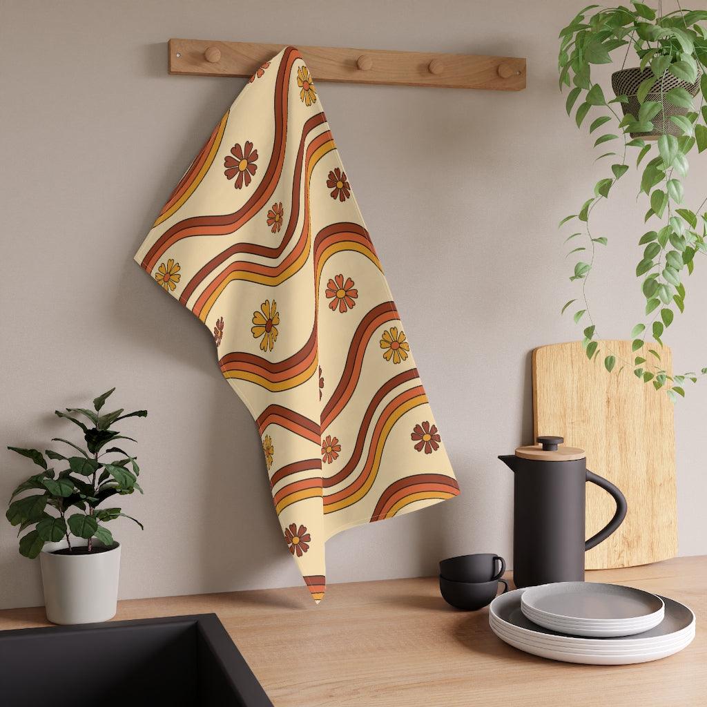 Boho Flowers & Retro Wavy Rainbows Kitchen Towel | lovevisionkarma.com