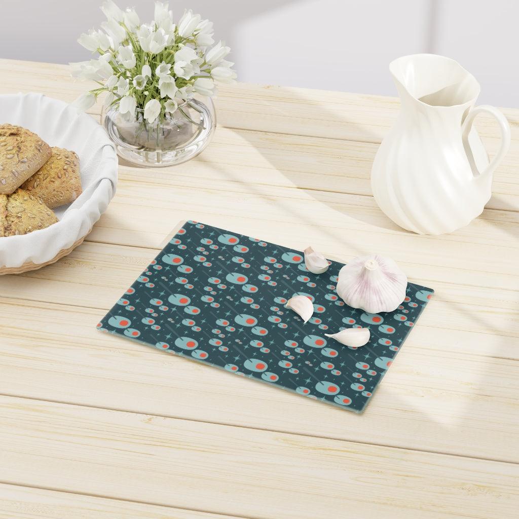 Atomic Olives Mid Century Modern Blue Glass Cutting Board | lovevisionkarma.com