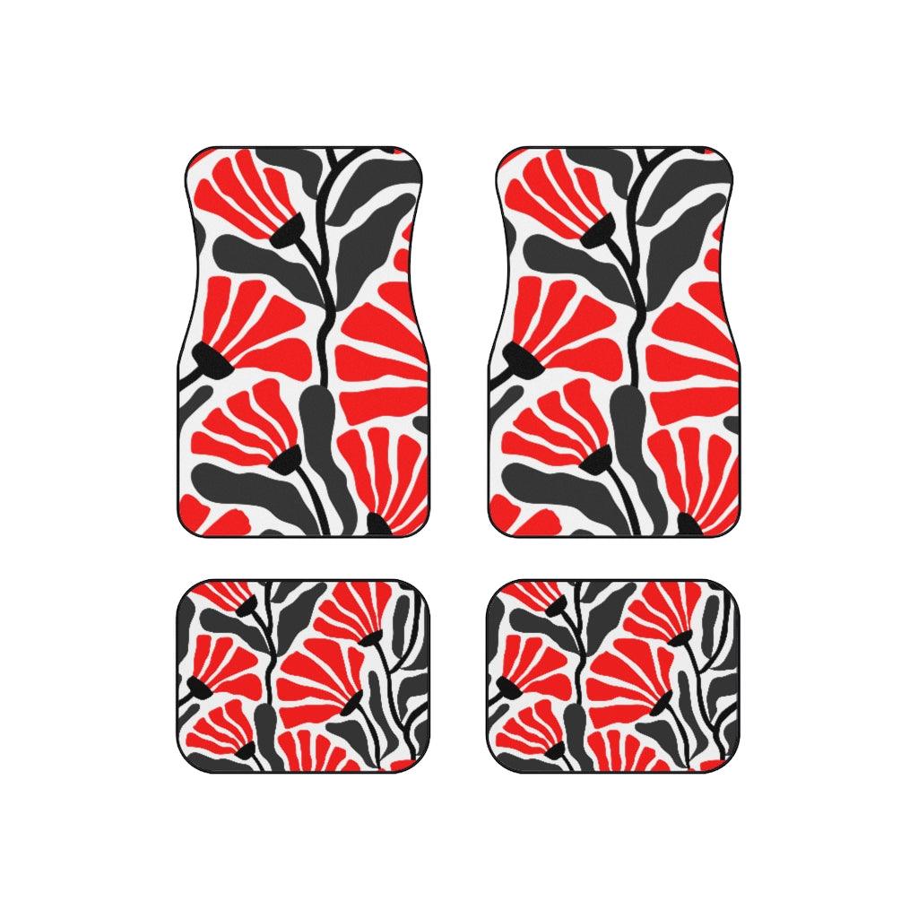 Groovy Abstract Flowers Retro MCM Red, White & Black Car Mats (Set of 4) | lovevisionkarma.com