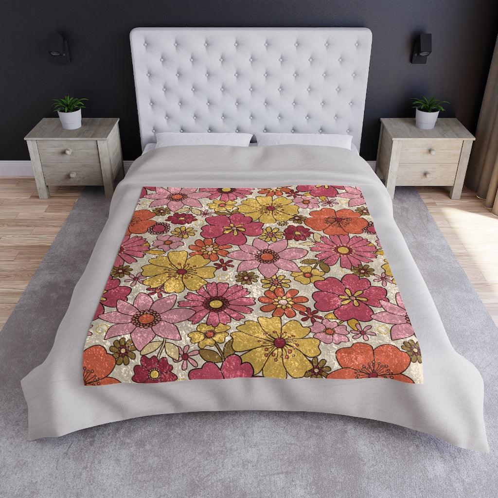 Retro Flowers 60s 70s MCM Pink, Orange & Yellow Crushed Velvet Blanket | lovevisionkarma.com