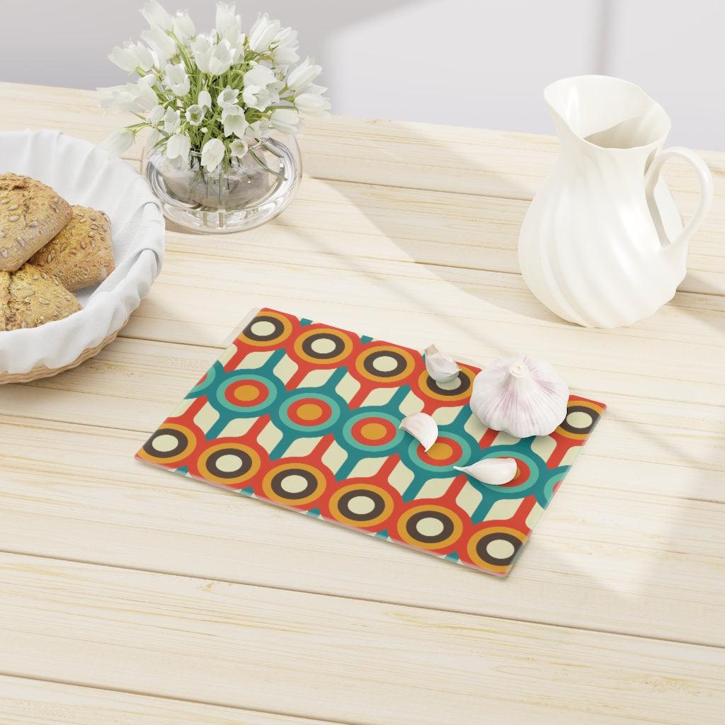 Mid Century Mod Retro Circles Multicolor Glass Cutting Board | lovevisionkarma.com