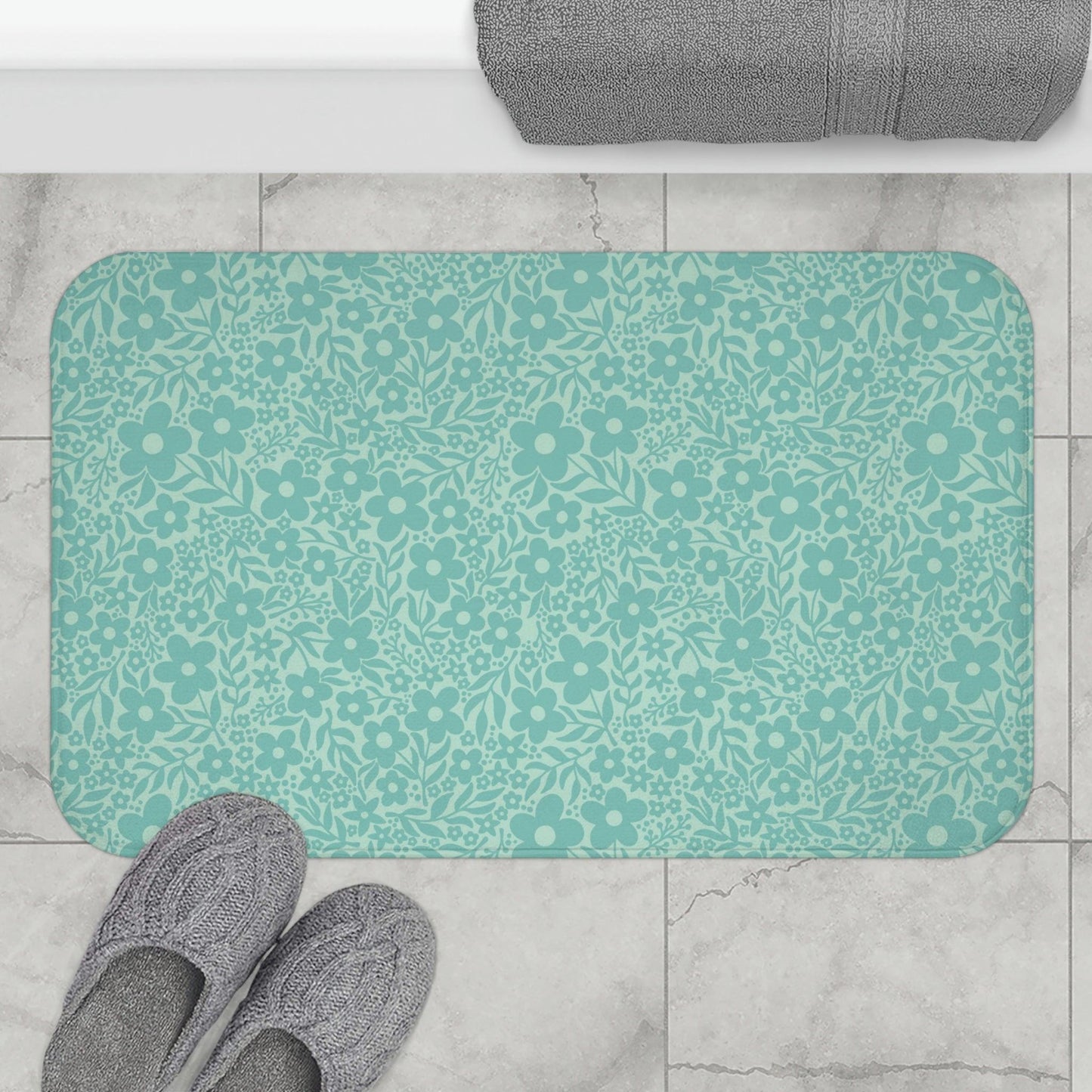 Minimalist Retro Floral Mid Century Teal Bath Mat | lovevisionkarma.com