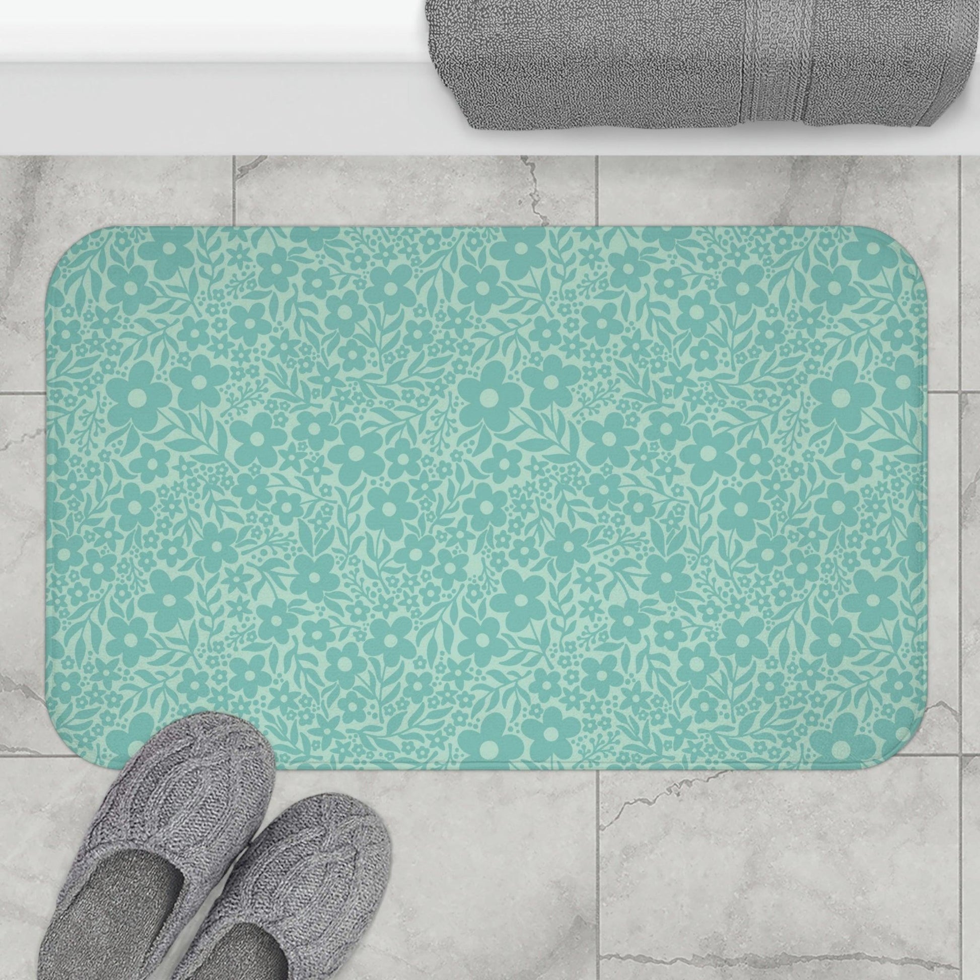 Minimalist Retro Floral Mid Century Teal Bath Mat | lovevisionkarma.com