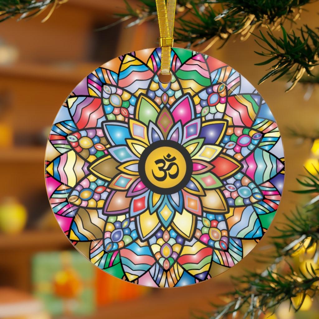 Om, Lotus Mandala Glass Ornament, Diwali Home Decor, Yoga Christmas Ornament | lovevisionkarma.com