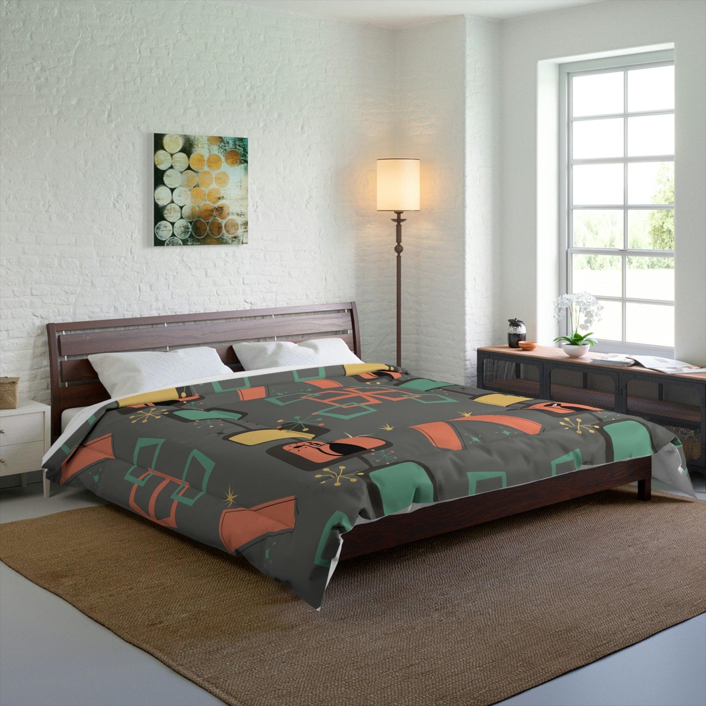 Retro 50s Atomic Cat & Starburst Mid Century Gray, Coral & Green Comforter | lovevisionkarma.com