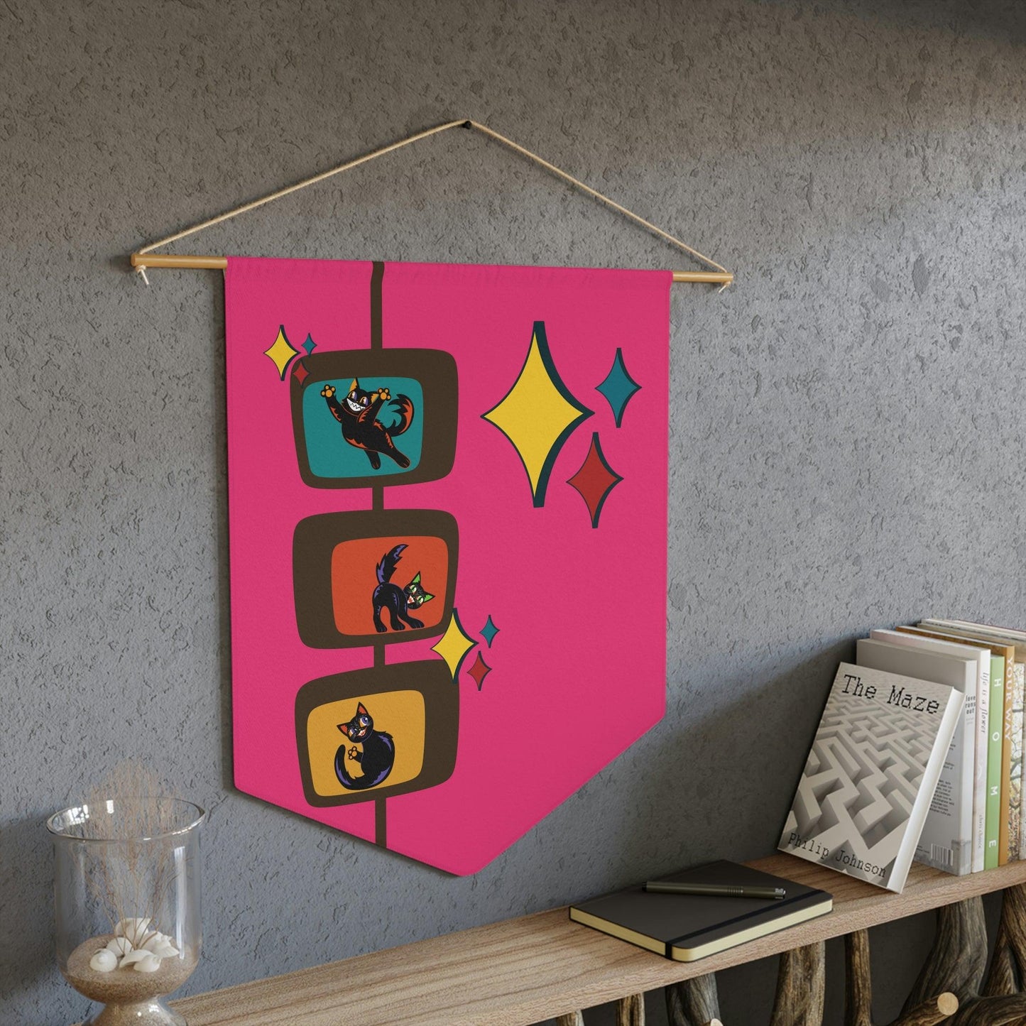 Kitschy Cats Retro Atomic Burst MCM Pink Wall Pennant | lovevisionkarma.com