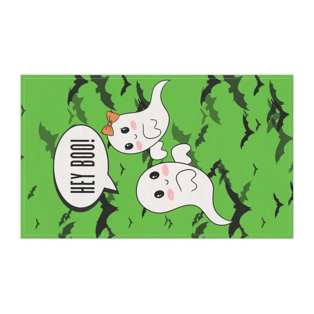 Hey Boo, Cute Kawaii Ghosts & Bats Halloween Green Tea Towel | lovevisionkarma.com