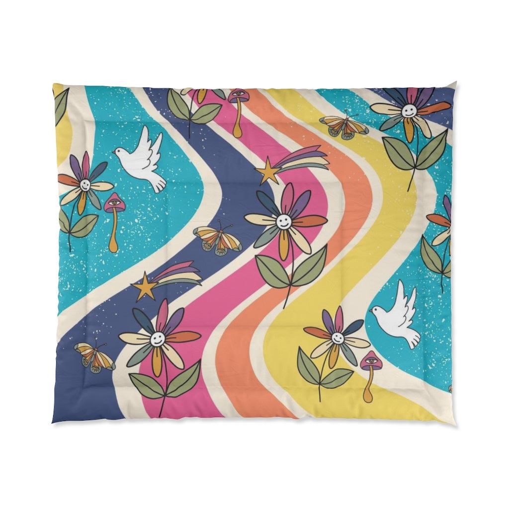 Groovy Hippie Flowers & Boho Mushrooms Colorful Comforter | lovevisionkarma.com