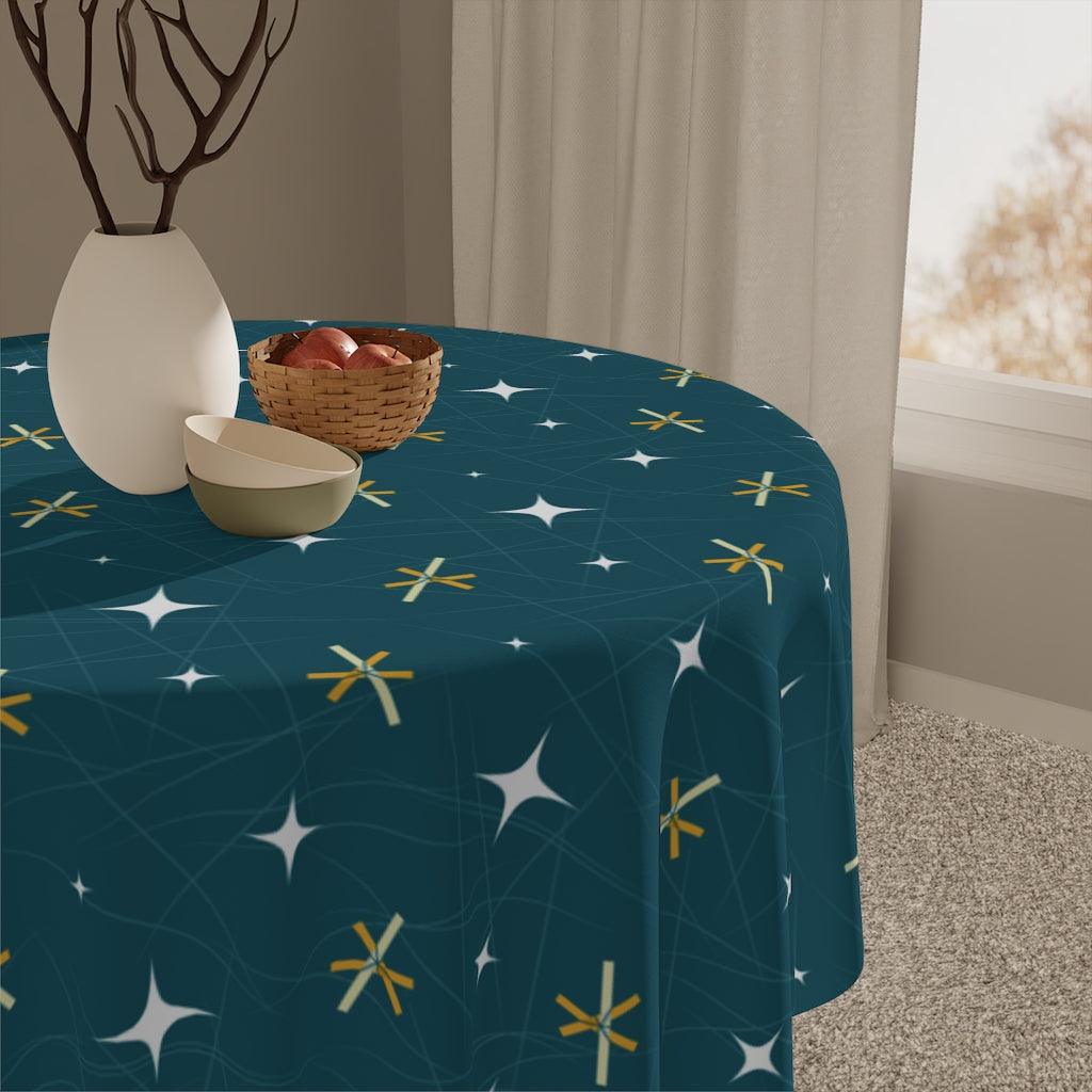 Mid Century Mod Atomic Bursts and Stars Dark Blue Tablecloth | lovevisionkarma.com