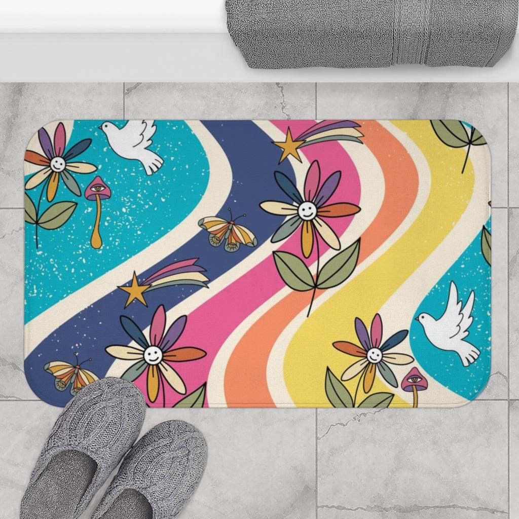 Groovy Hippie Flowers and Boho Mushrooms Colorful Bath Mat | lovevisionkarma.com