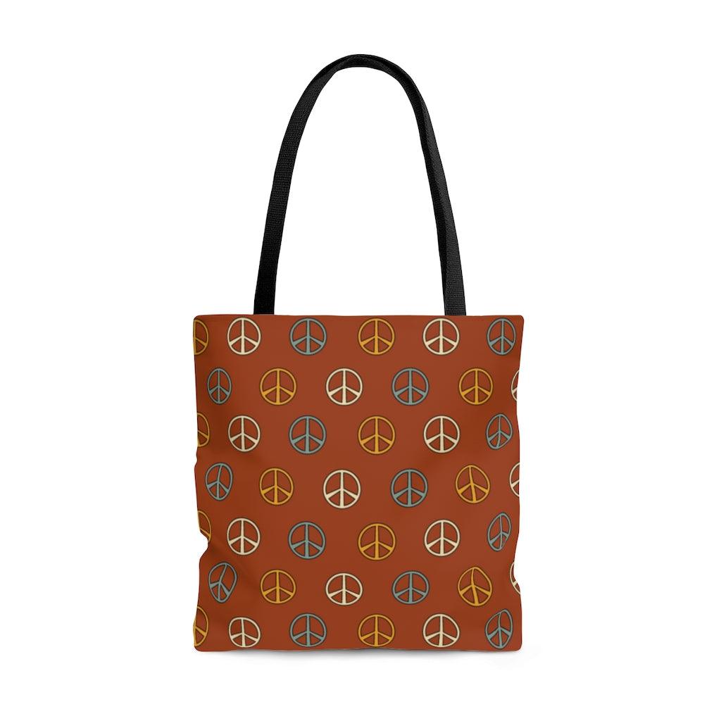 Boho Peace Sign Rust Color Hippie MCM Tote Bag | lovevisionkarma.com