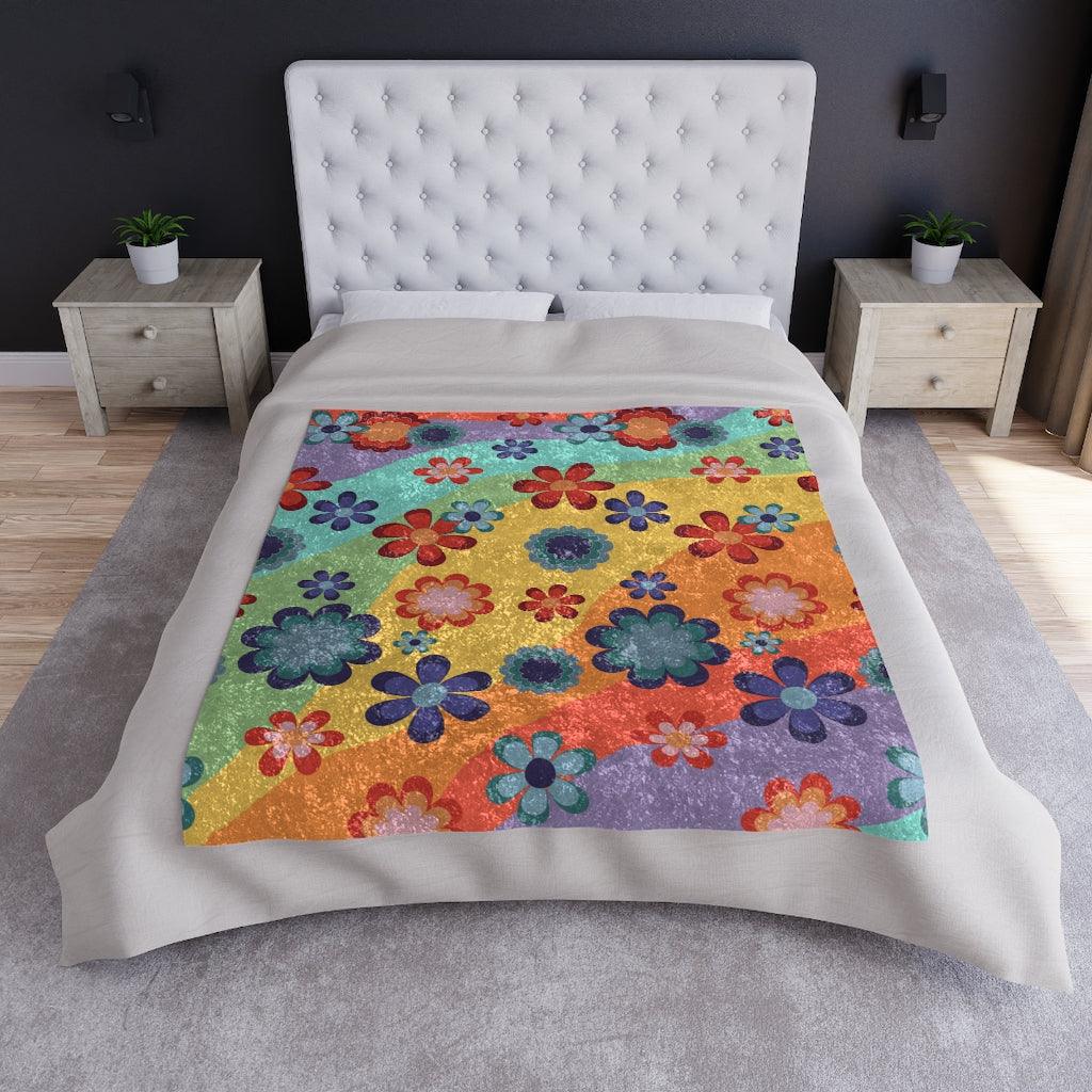 Groovy 60's Flowers Hippie Rainbow Crushed Velvet Blanket | lovevisionkarma.com
