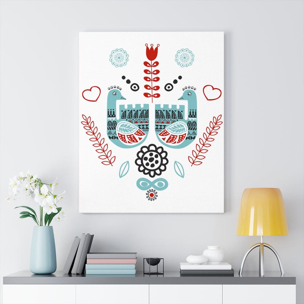Scandinavian Nordic Folk Art Blue & Red Love Birds Canvas Gallery Wrap | lovevisionkarma.com