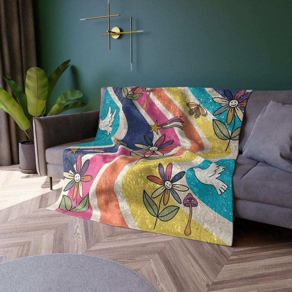 Groovy Hippie Flowers & Boho Mushrooms Colorful Crushed Velvet Blanket | lovevisionkarma.com