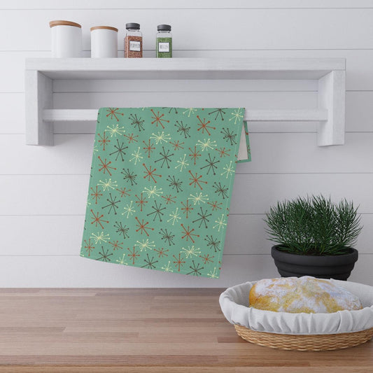 Retro 50s Atomic Burst MCM Teal Tea Towel | lovevisionkarma.com