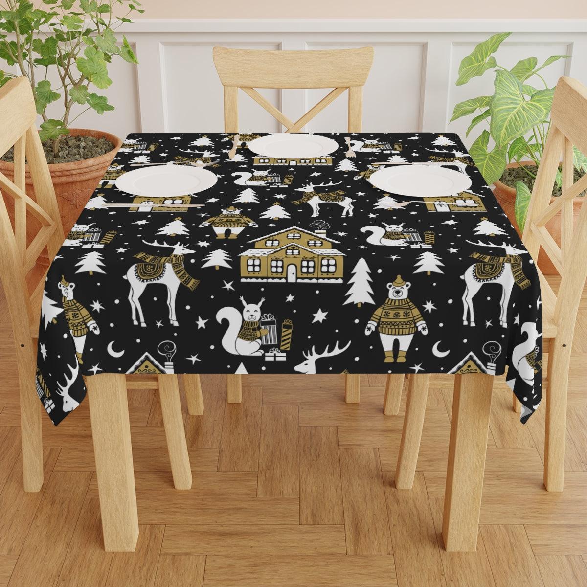 Scandinavian Inspired Nordic Winter Scene Black, Beige and White Christmas Tablecloth | lovevisionkarma.com